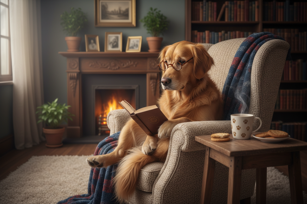 Dog reading a book 